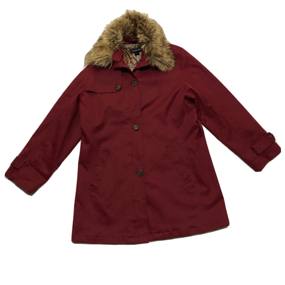 Lands End Hooded Jacket Women Soft Shell Large Red Zip‎ Button Paisley Fur Coat